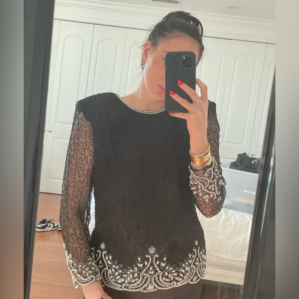 Laurence Kazar Silk Black And White Beaded Long Sleeve Top Size Small
